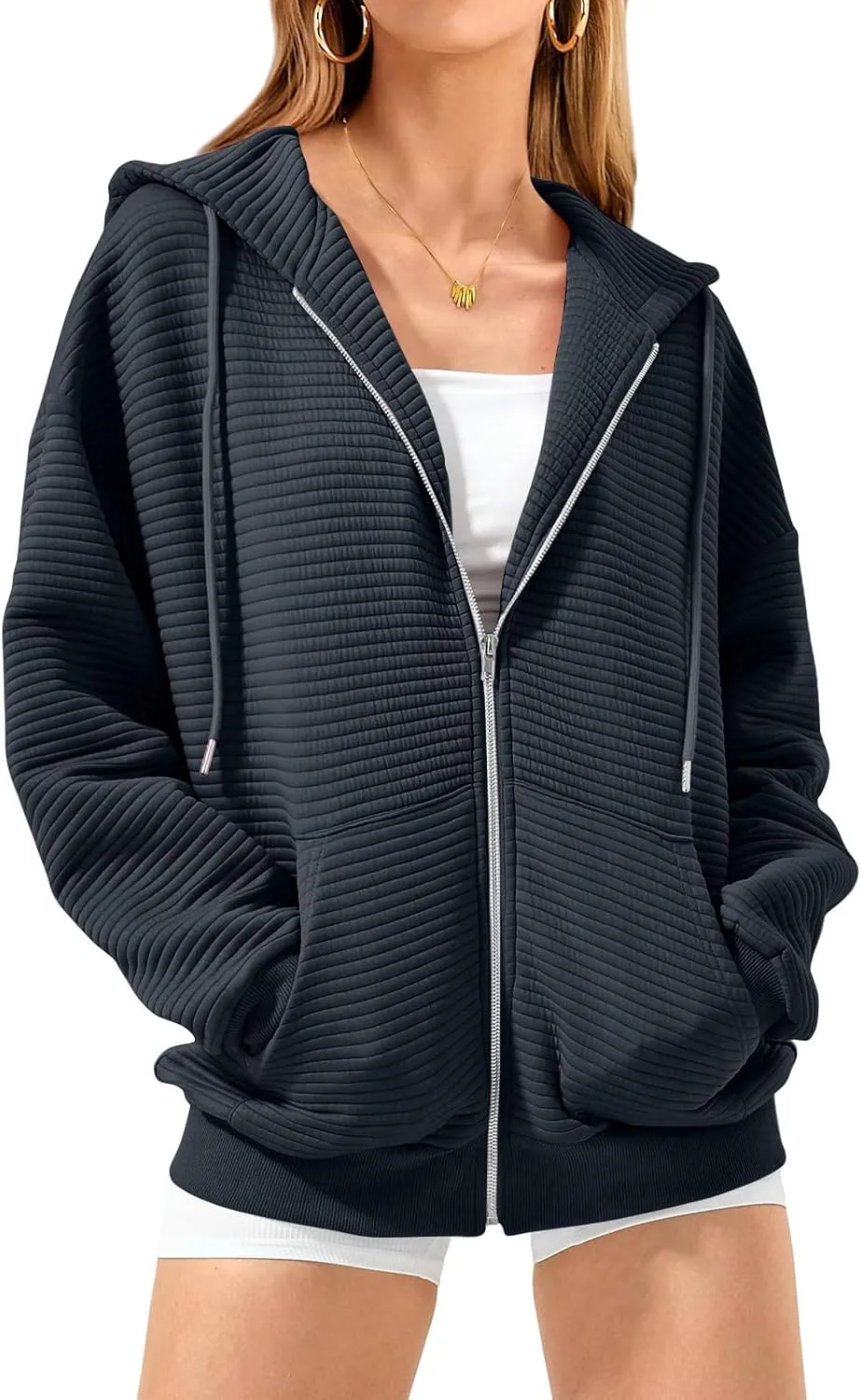 Women Zip Up Hoodie Long Sleeve Hooded Oversized Sweatshirts Y2K Jacket with Pockets Casual Drawstring Fall Coat