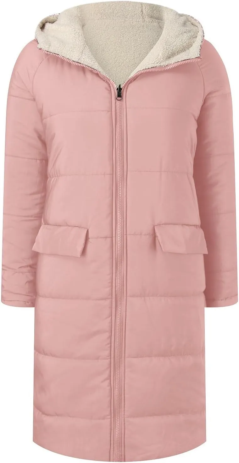 Womens 2024 Winter Fashion Solid Zip Up Jacket with Pockets Hooded Fleece Coat Warm Fitted Reversible Outdoor Outerwear