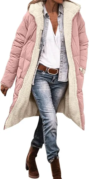 Womens 2024 Winter Fashion Solid Zip Up Jacket with Pockets Hooded Fleece Coat Warm Fitted Reversible Outdoor Outerwear