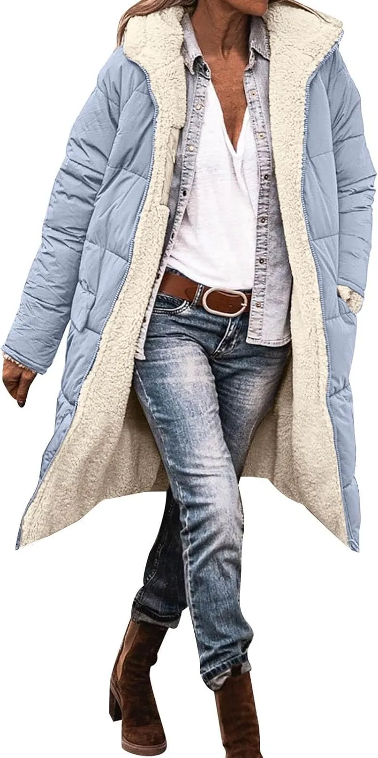 Womens 2024 Winter Fashion Solid Zip Up Jacket with Pockets Hooded Fleece Coat Warm Fitted Reversible Outdoor Outerwear