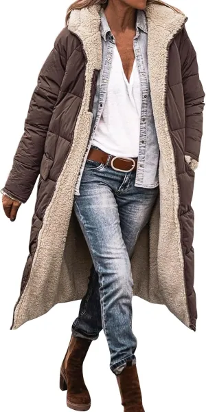 Womens 2024 Winter Fashion Solid Zip Up Jacket with Pockets Hooded Fleece Coat Warm Fitted Reversible Outdoor Outerwear
