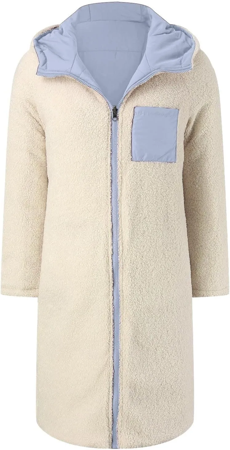 Womens 2024 Winter Fashion Solid Zip Up Jacket with Pockets Hooded Fleece Coat Warm Fitted Reversible Outdoor Outerwear