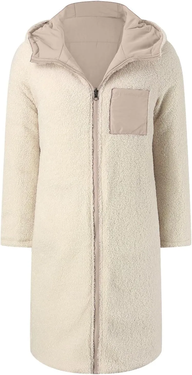Womens 2024 Winter Fashion Solid Zip Up Jacket with Pockets Hooded Fleece Coat Warm Fitted Reversible Outdoor Outerwear