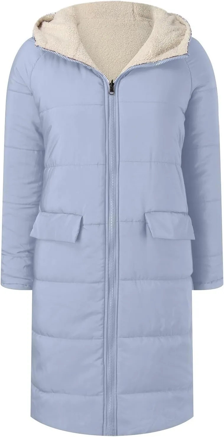 Womens 2024 Winter Fashion Solid Zip Up Jacket with Pockets Hooded Fleece Coat Warm Fitted Reversible Outdoor Outerwear