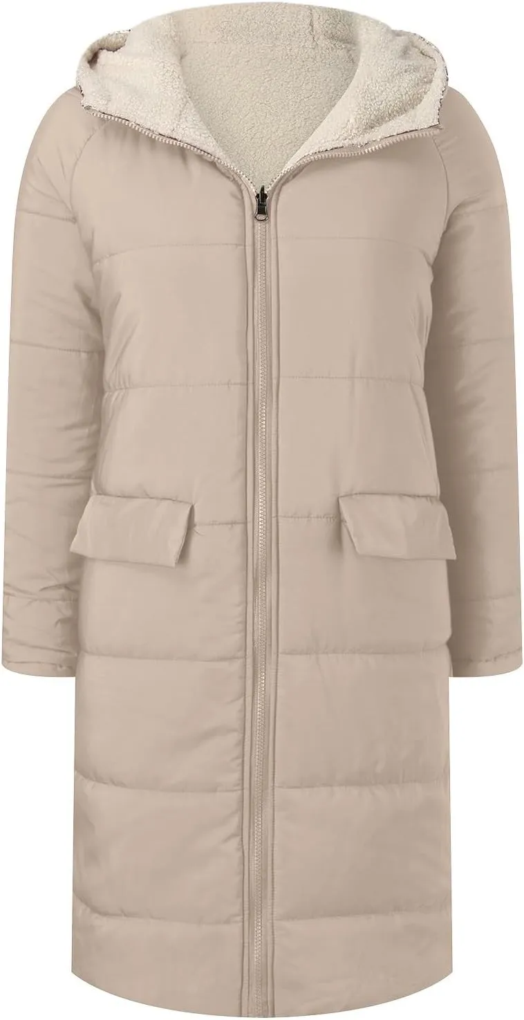 Womens 2024 Winter Fashion Solid Zip Up Jacket with Pockets Hooded Fleece Coat Warm Fitted Reversible Outdoor Outerwear