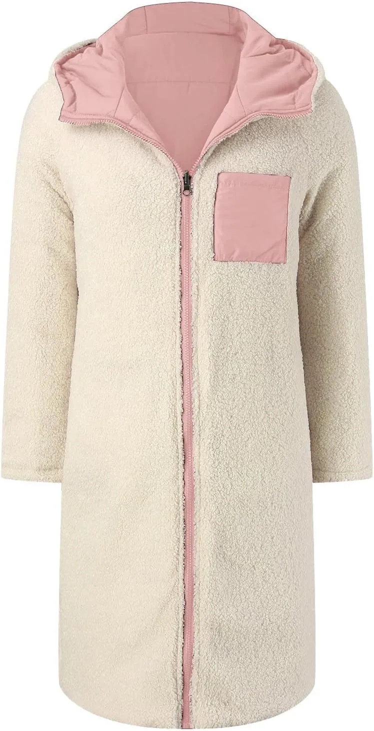 Womens 2024 Winter Fashion Solid Zip Up Jacket with Pockets Hooded Fleece Coat Warm Fitted Reversible Outdoor Outerwear