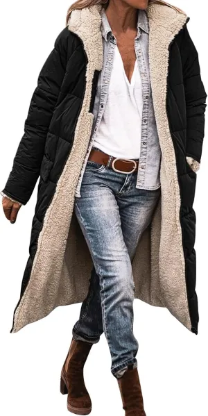 Womens 2024 Winter Fashion Solid Zip Up Jacket with Pockets Hooded Fleece Coat Warm Fitted Reversible Outdoor Outerwear