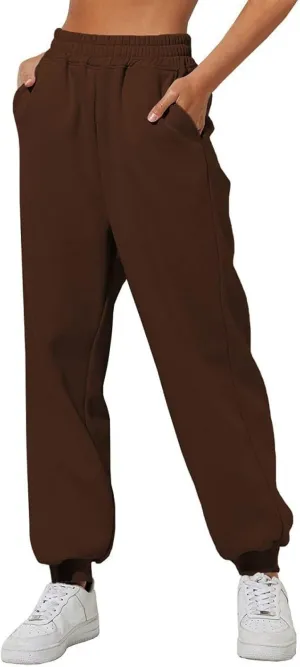 Women's Black Elastic Waist Jogging Pants,Casual Sports Trousers Baggy Harem Pants with Pockets Spring Autumn Gym Sports Hip Hop Trousers,Dark Brown,L