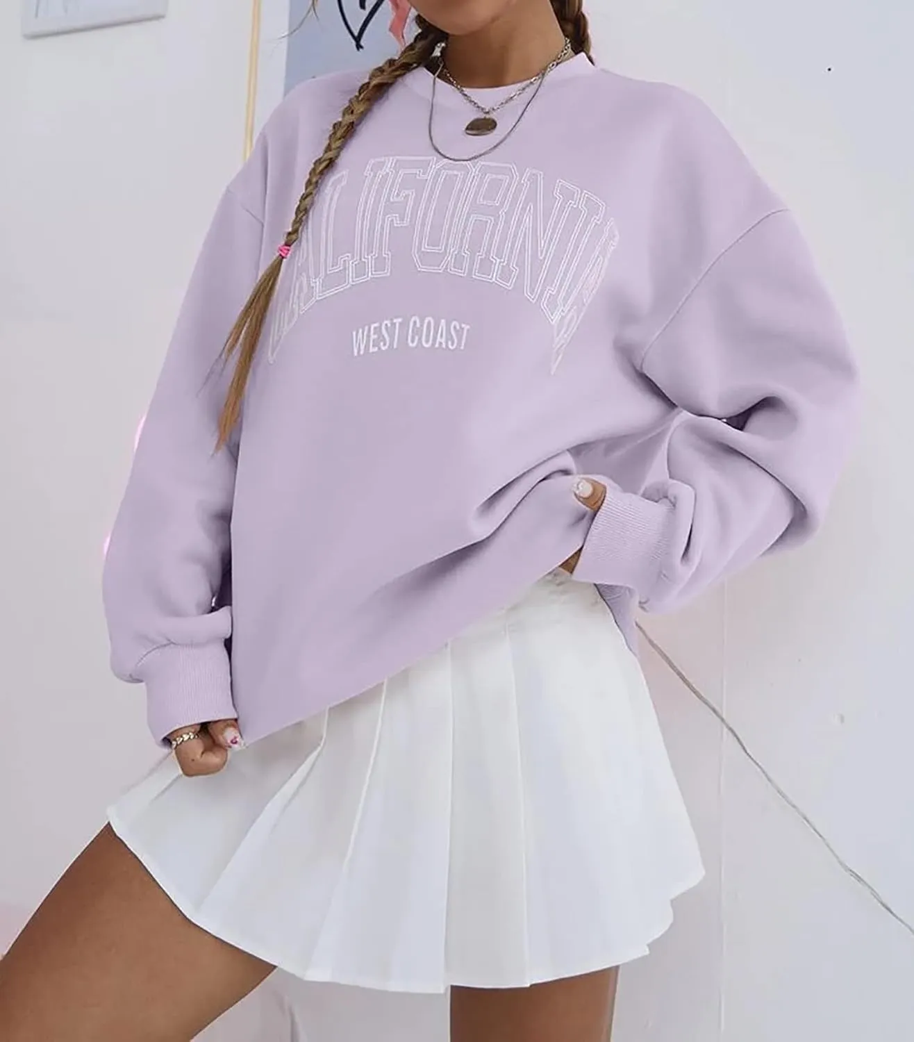 Womens California Letter Graphic Oversize Fleece Sweatshirt Crew Neck Drop Shoulder Pullover Y2K Fall Teens