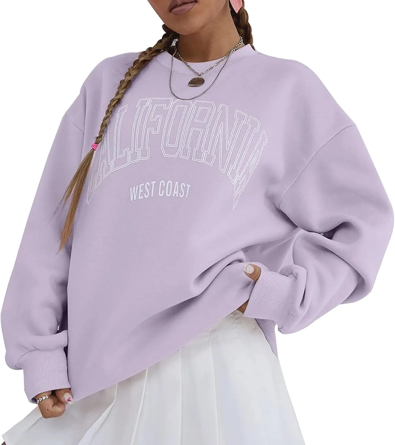 Womens California Letter Graphic Oversize Fleece Sweatshirt Crew Neck Drop Shoulder Pullover Y2K Fall Teens