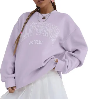 Womens California Letter Graphic Oversize Fleece Sweatshirt Crew Neck Drop Shoulder Pullover Y2K Fall Teens