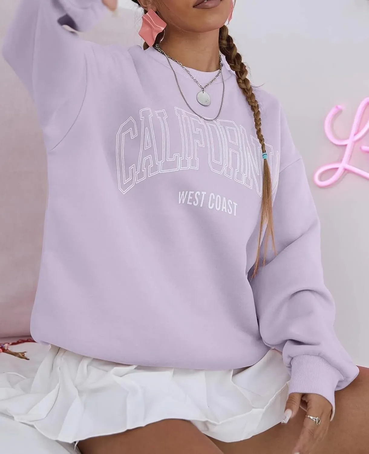 Womens California Letter Graphic Oversize Fleece Sweatshirt Crew Neck Drop Shoulder Pullover Y2K Fall Teens