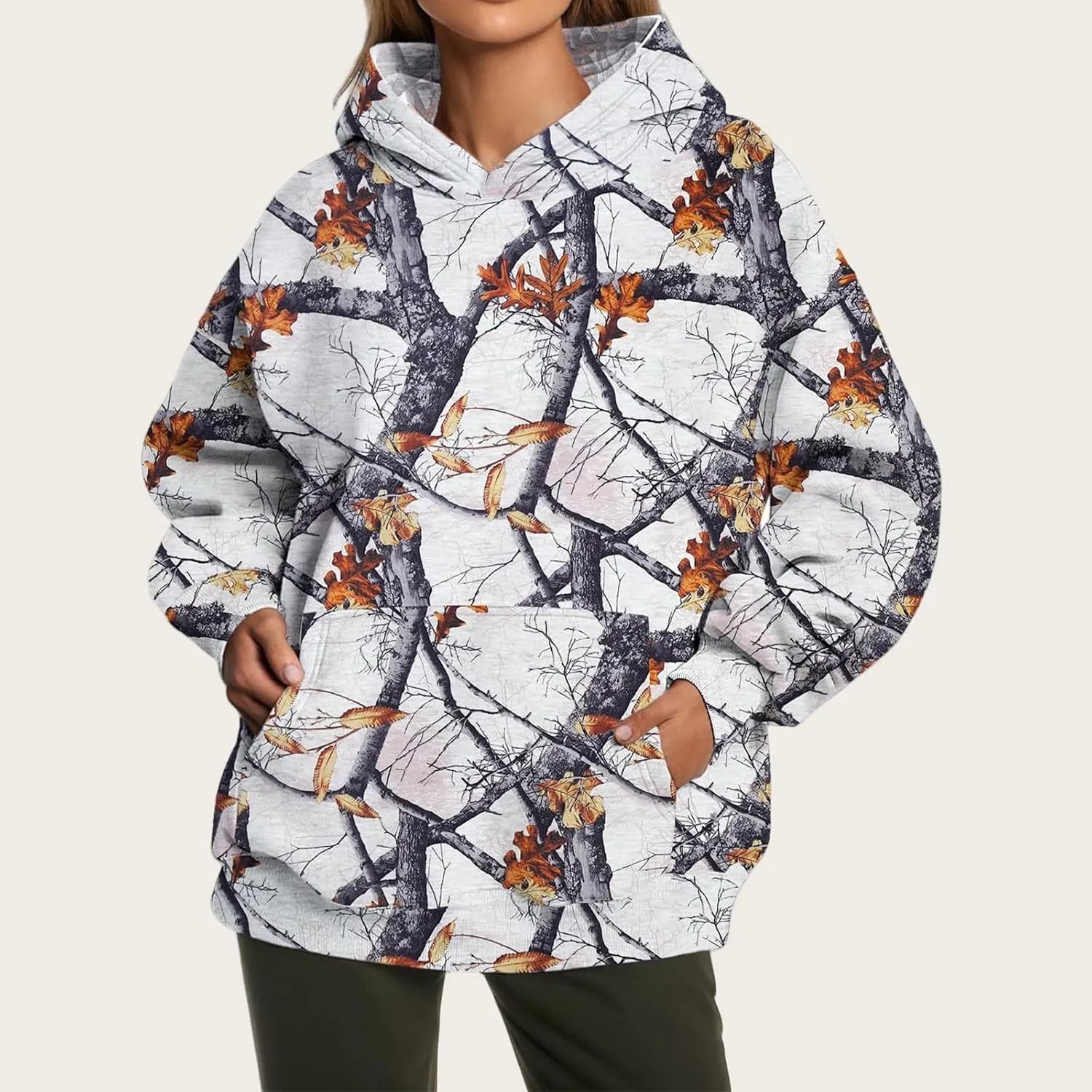 Women's Camo Hoodie Maple Leaf Printed Sweatshirt Cute Oversized Hoodie Fleece Casual Long Sleeve Pullover Sweatshirts