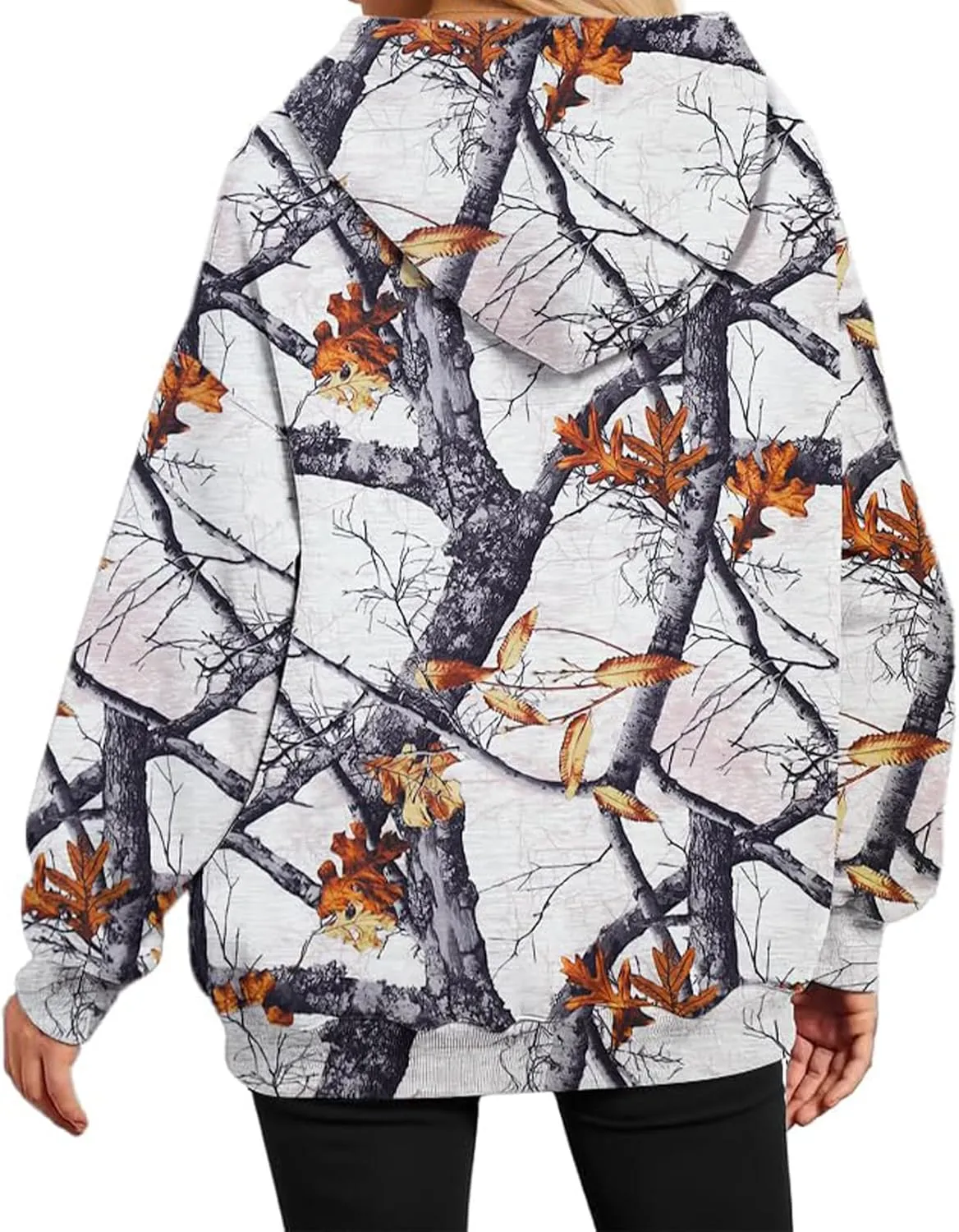 Women's Camo Hoodie Maple Leaf Printed Sweatshirt Cute Oversized Hoodie Fleece Casual Long Sleeve Pullover Sweatshirts