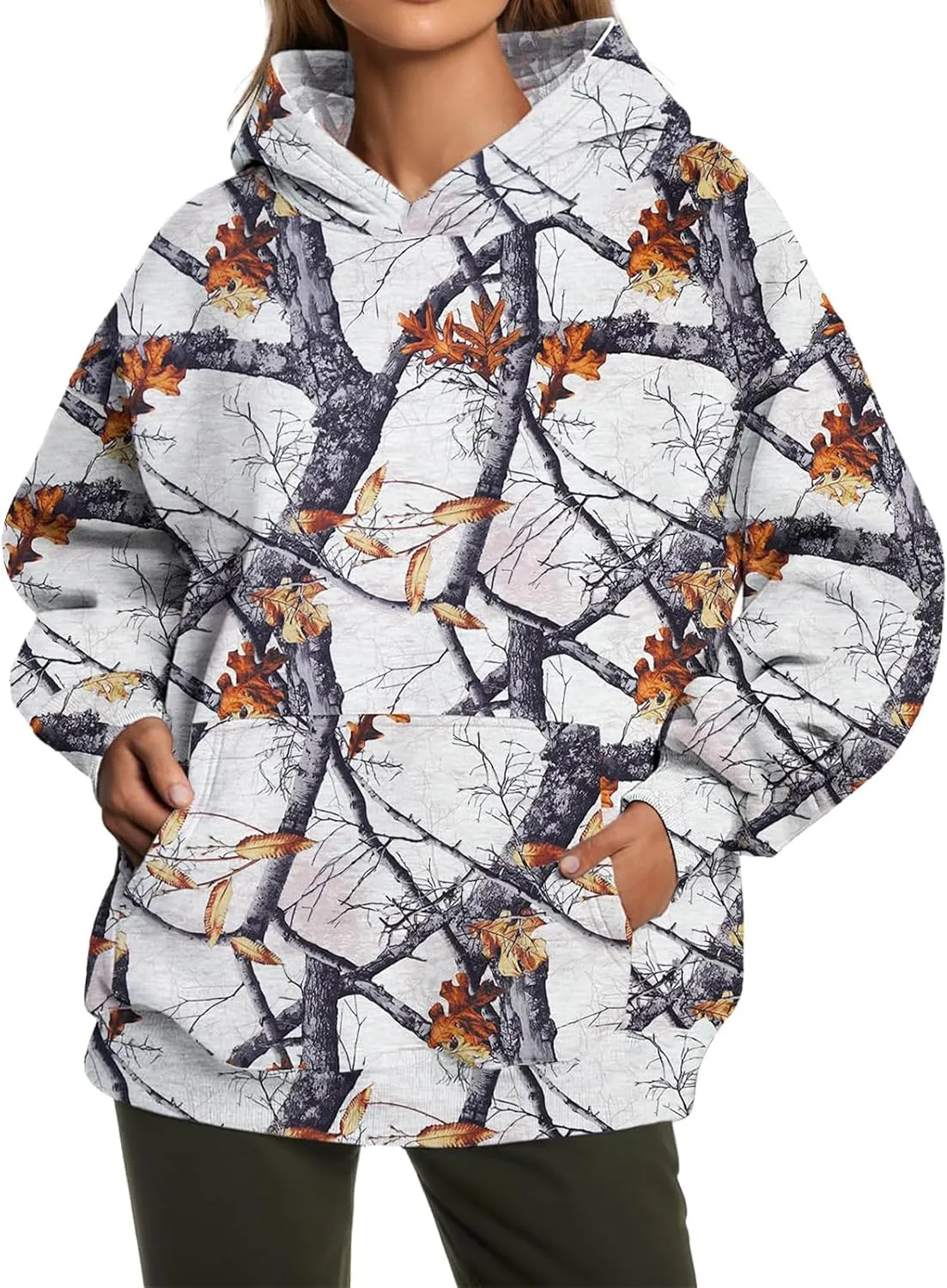 Women's Camo Hoodie Maple Leaf Printed Sweatshirt Cute Oversized Hoodie Fleece Casual Long Sleeve Pullover Sweatshirts