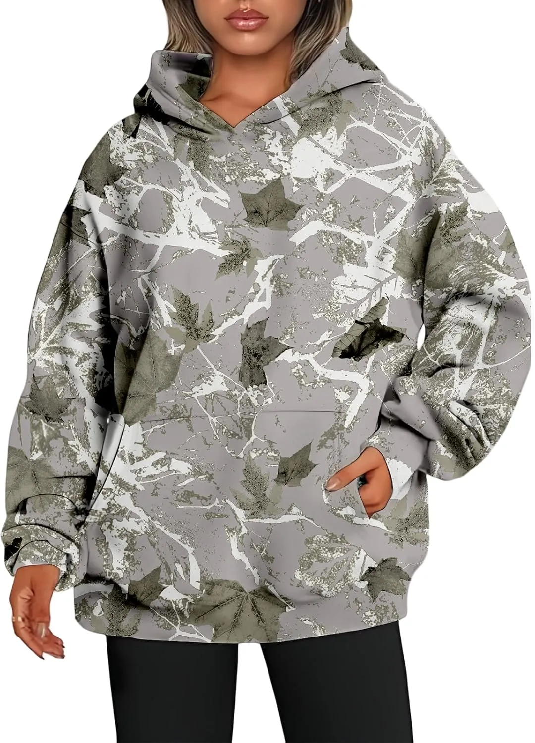 Womens Camo Hoodie Maple Leaf Printed Sweatshirt Oversized Hooded Sweatshirt Fleece Pullover Sweatshirt Trendy Outfits