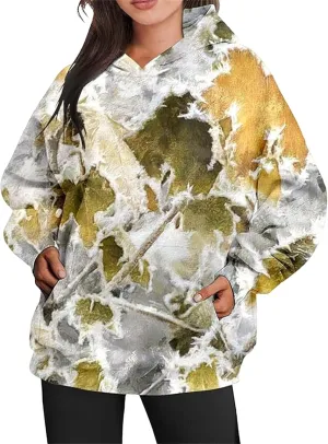 Womens Camo Hoodies Sweatshirt Maple Leaf Print Oversized Hooded Sweatshirt Long Sleeve Fall Pullover Top with Pockets