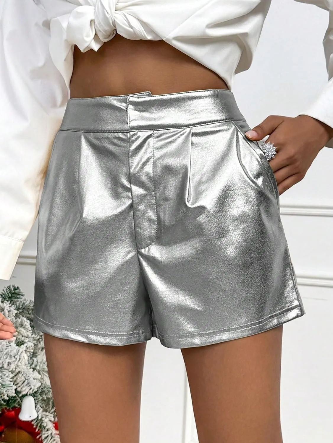 Women's Casual Shorts Skorts Elastic Waist Metallic Shorts