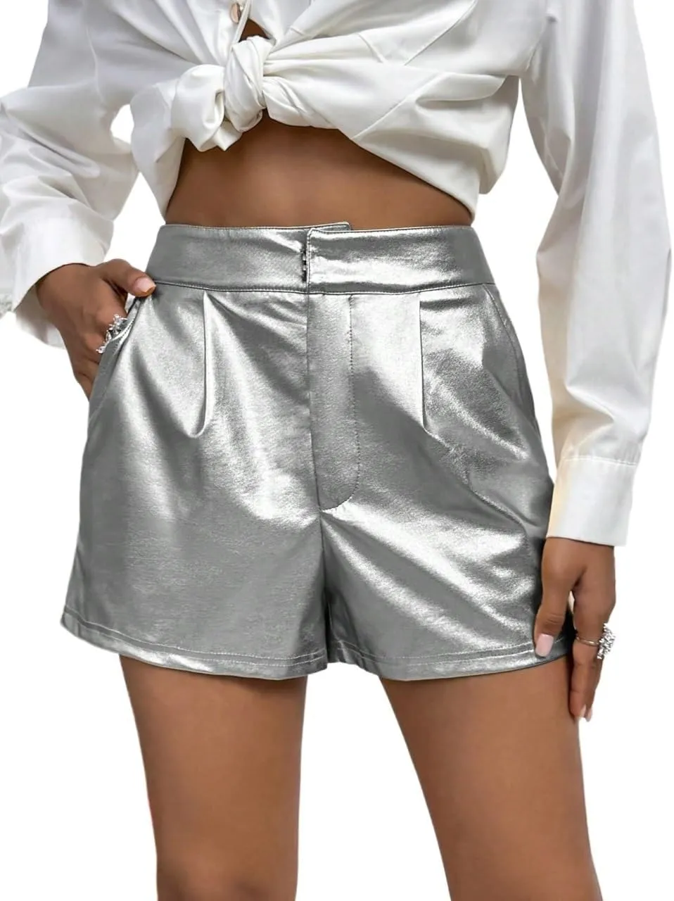 Women's Casual Shorts Skorts Elastic Waist Metallic Shorts
