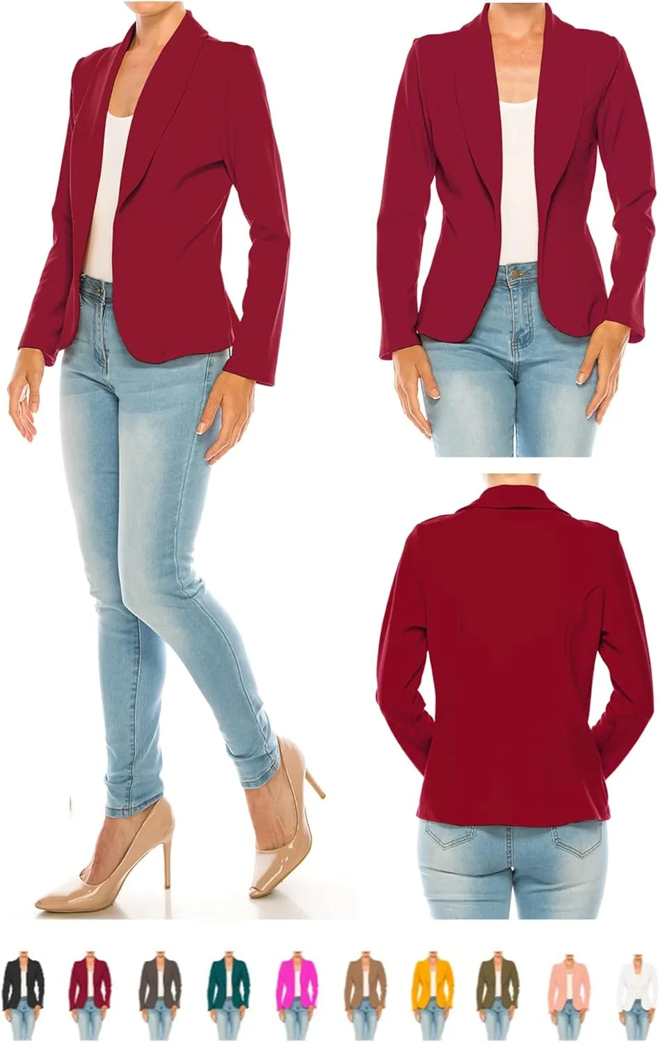 Women's Casual Solid Office Work Wear Long Sleeve Fitted Open Front Blazer Jacket