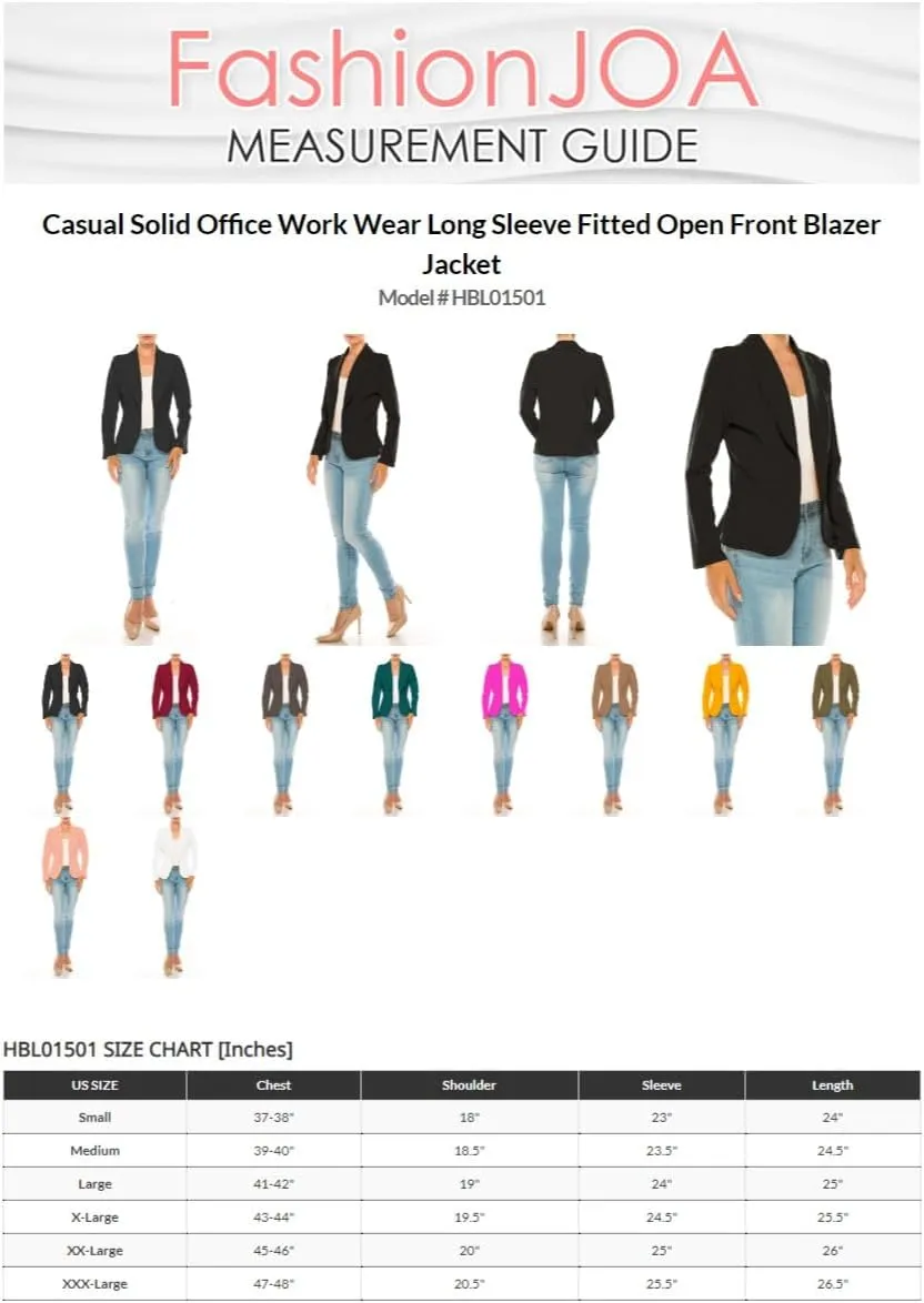 Women's Casual Solid Office Work Wear Long Sleeve Fitted Open Front Blazer Jacket