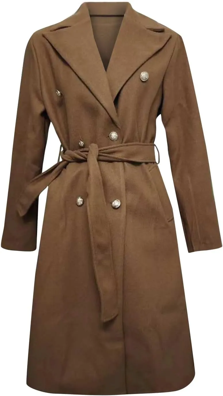 Womens Classic Coat Winter Slim Fit Pea Coat Lapel Collar Open Front Belted Long Jacket Warm Oversized Trench Coats