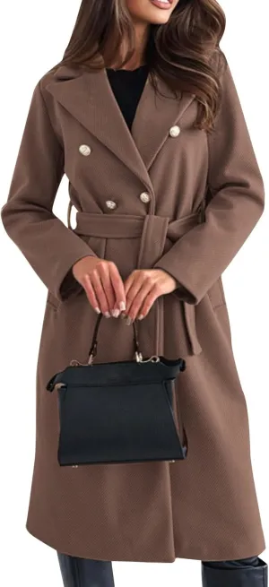 Womens Classic Coat Winter Slim Fit Pea Coat Lapel Collar Open Front Belted Long Jacket Warm Oversized Trench Coats