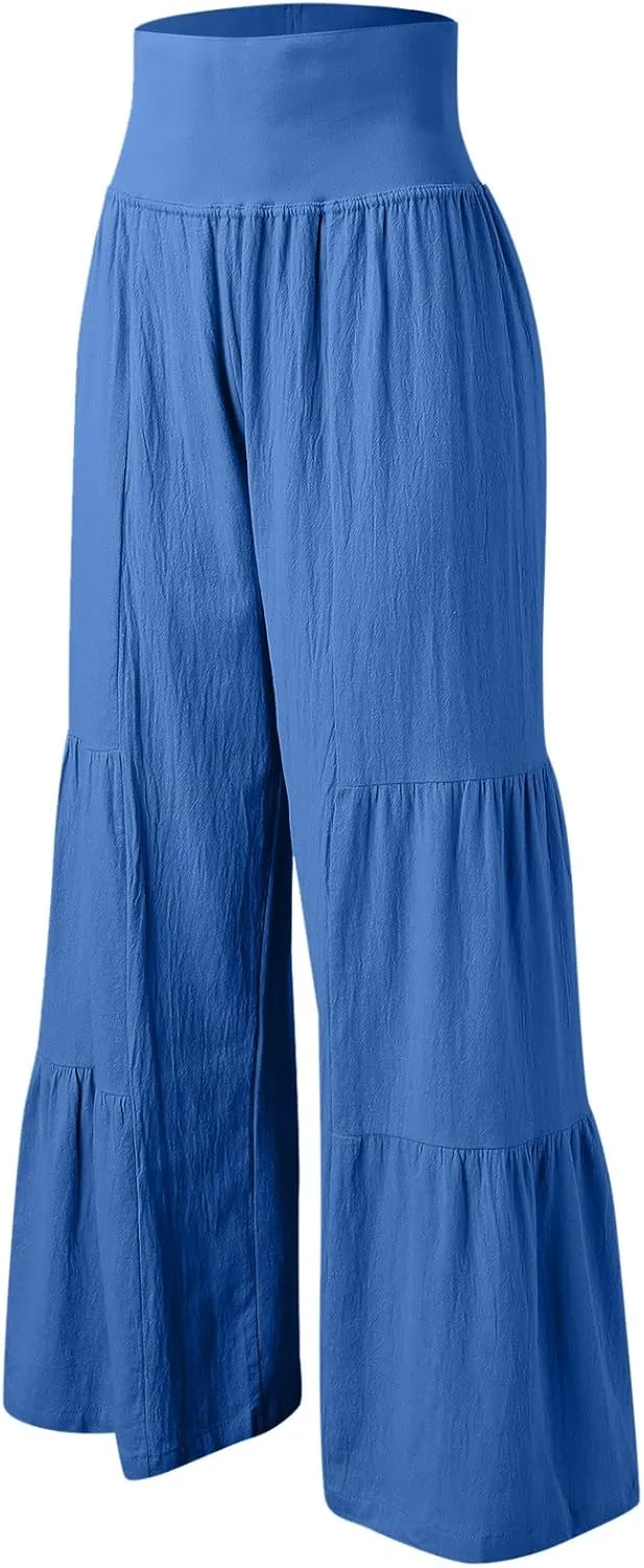 Womens Cotton Linen Wide Leg Pants Palazzo Plus Size Cropped Harem Pants Elastic Waist Capris Shorts with Pockets
