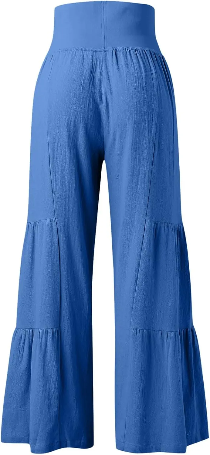 Womens Cotton Linen Wide Leg Pants Palazzo Plus Size Cropped Harem Pants Elastic Waist Capris Shorts with Pockets
