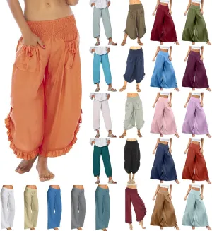 Womens Cotton Linen Wide Leg Pants Palazzo Plus Size Cropped Harem Pants Elastic Waist Capris Shorts with Pockets