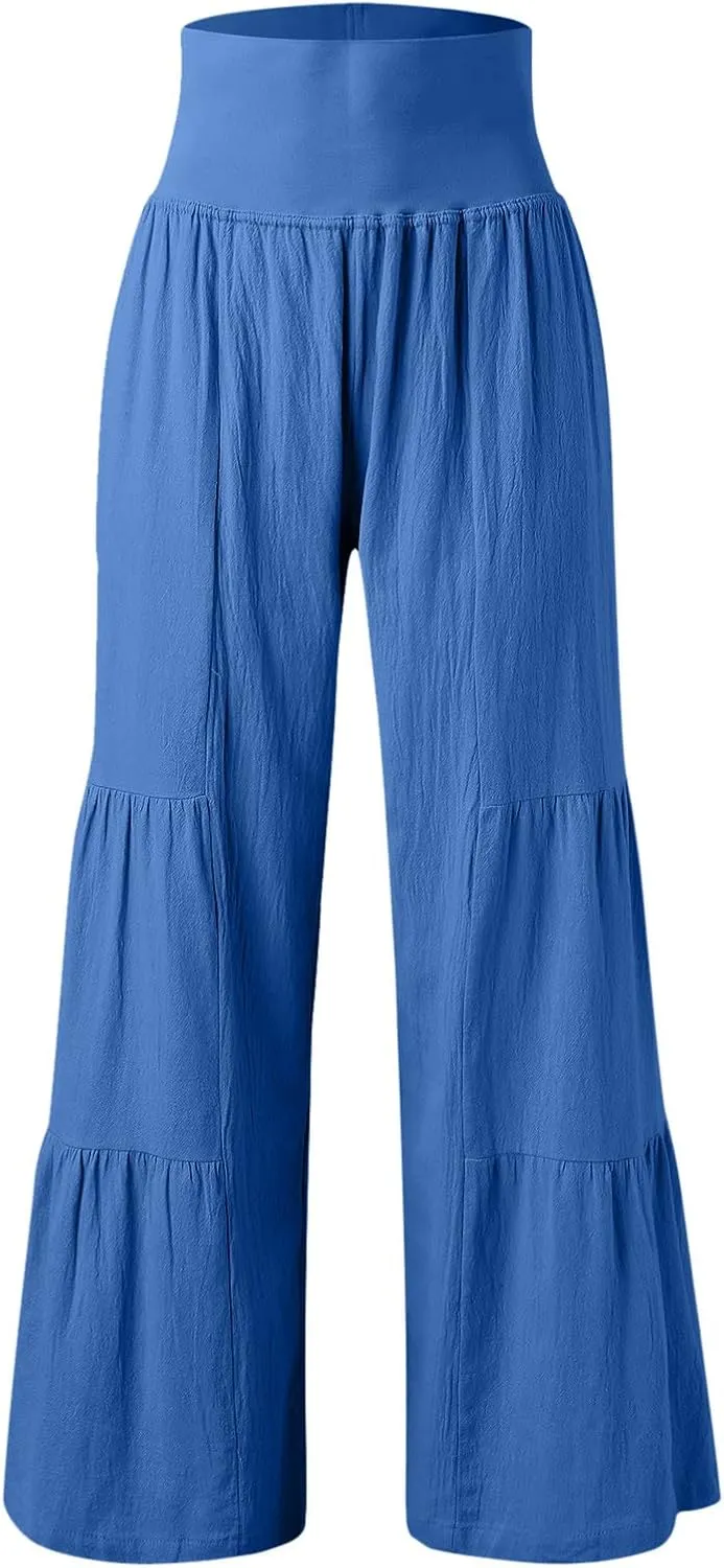 Womens Cotton Linen Wide Leg Pants Palazzo Plus Size Cropped Harem Pants Elastic Waist Capris Shorts with Pockets