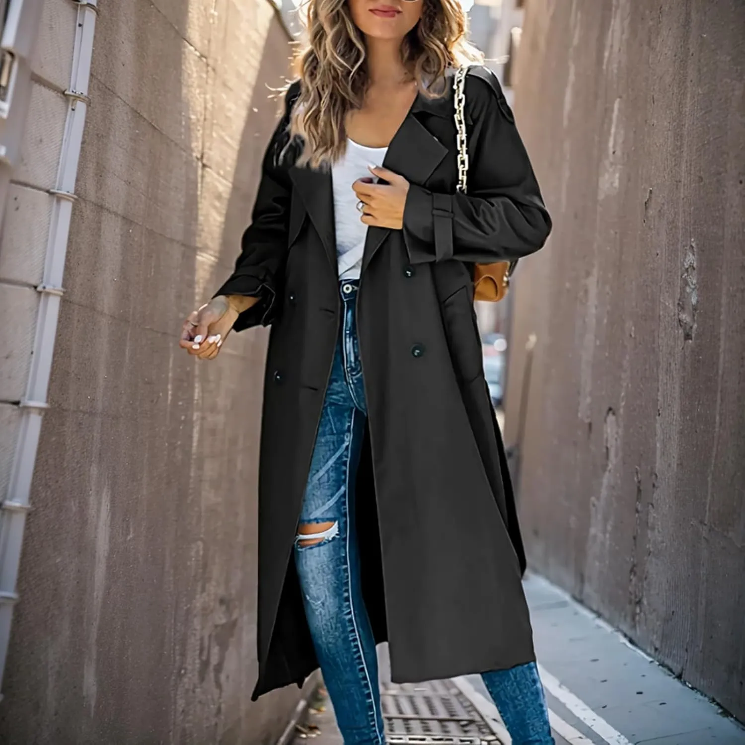 Womens Double Breasted Long Trench Coat Casual Lapel Open Front Pea Coat Winter Windbreaker Jacket Overcoat