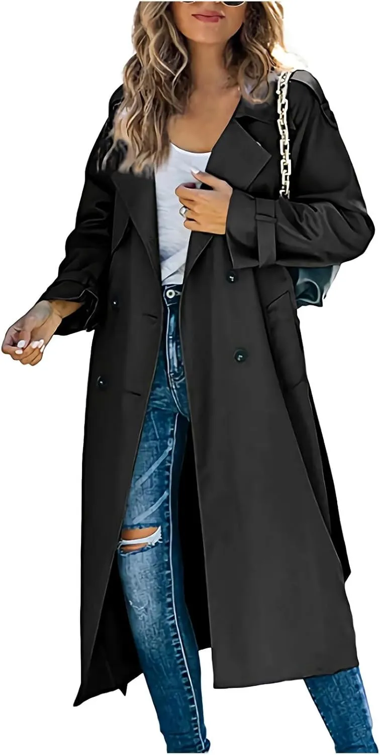 Womens Double Breasted Long Trench Coat Casual Lapel Open Front Pea Coat Winter Windbreaker Jacket Overcoat