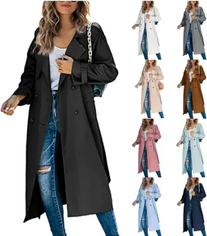 Womens Double Breasted Long Trench Coat Casual Lapel Open Front Pea Coat Winter Windbreaker Jacket Overcoat
