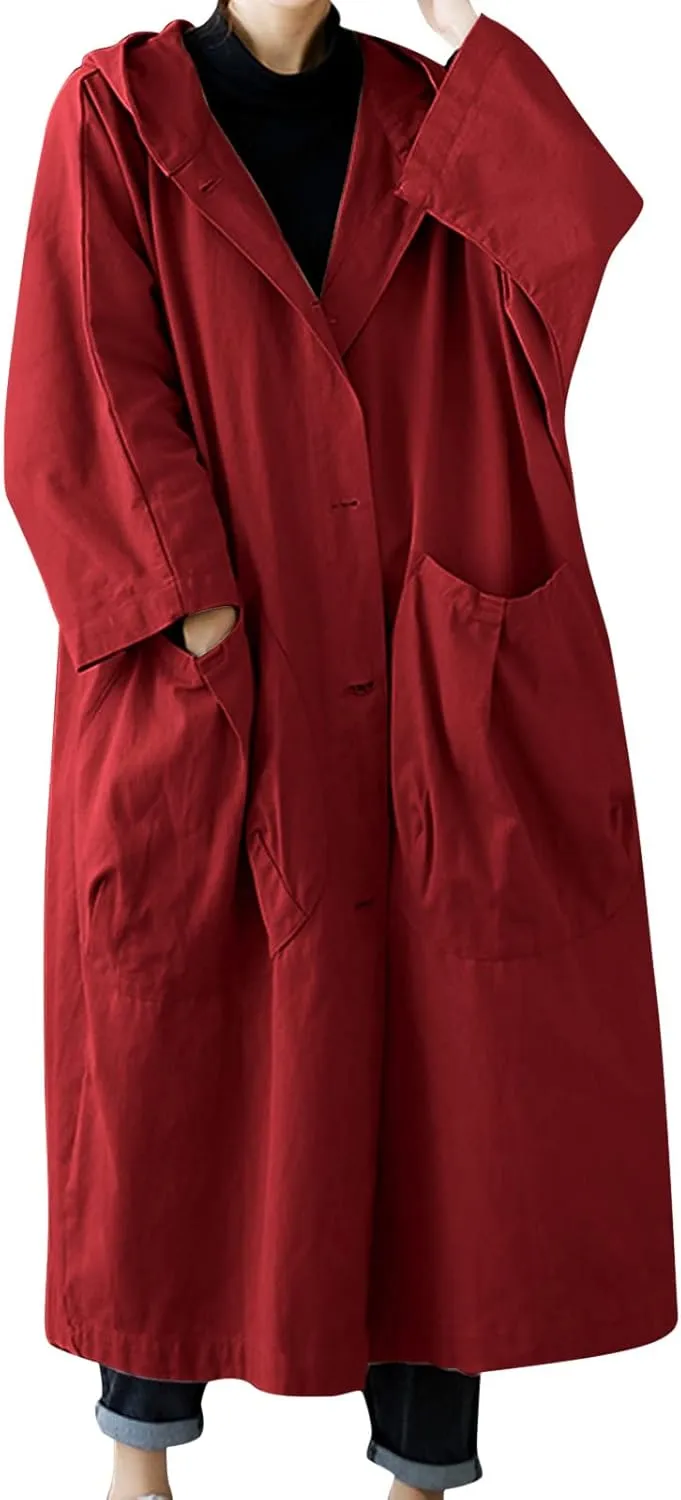 Womens Double Breasted Trench Coat Pocket Cardigan Button Top Sweater Knit Hooded Coat Slim Outerwear Coats Trench