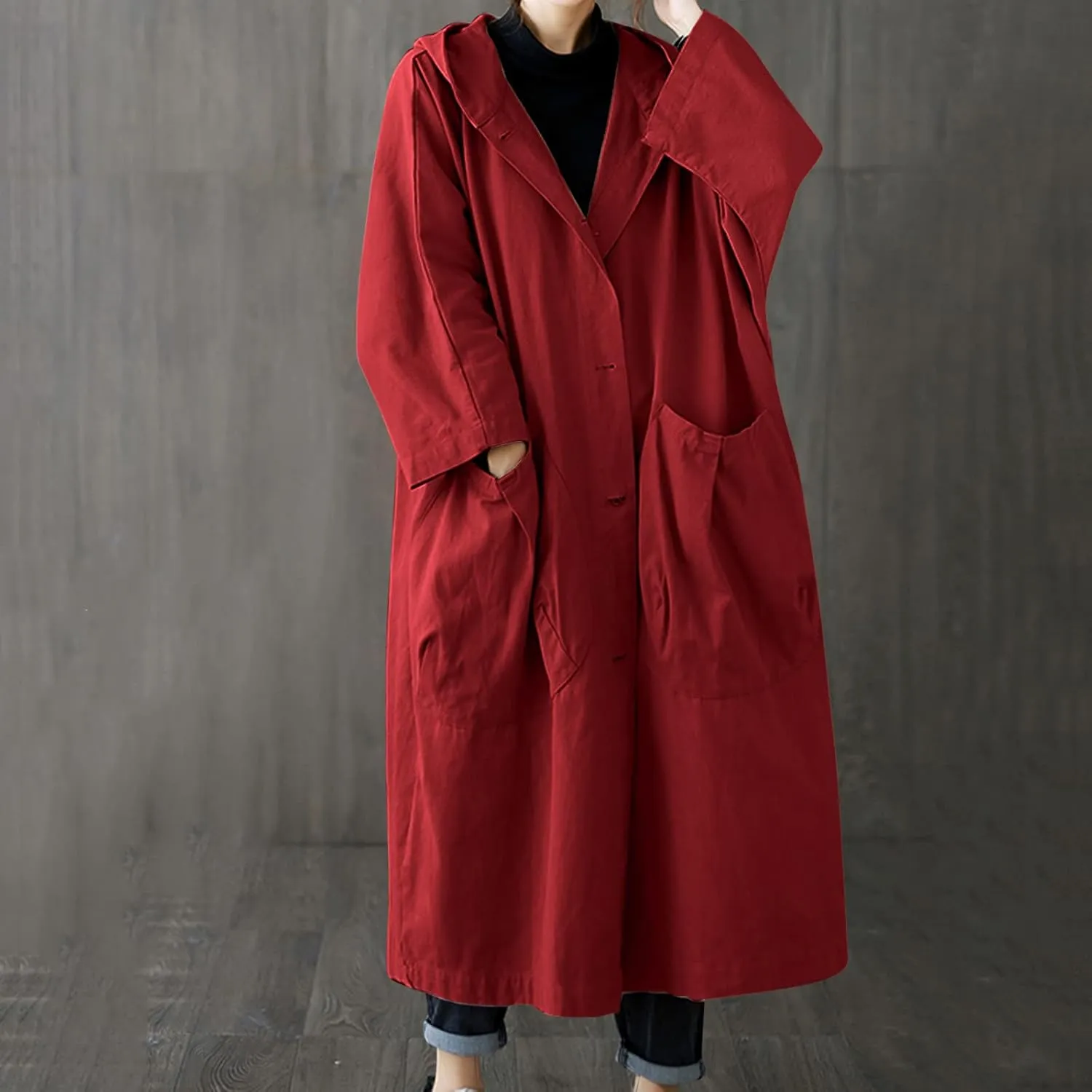 Womens Double Breasted Trench Coat Pocket Cardigan Button Top Sweater Knit Hooded Coat Slim Outerwear Coats Trench
