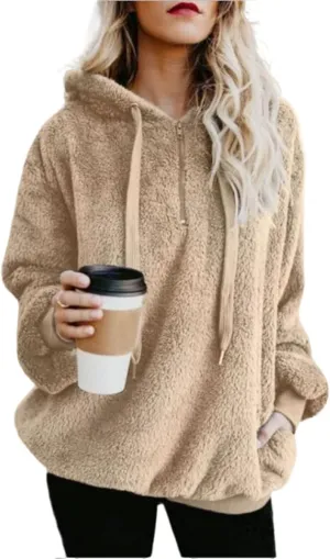 Womens Fuzzy Hoodies Sherpa Fleece Lined Sweatshirts Half Zipper Long Sleeve Pullover Casual Sport Hoodie Tops