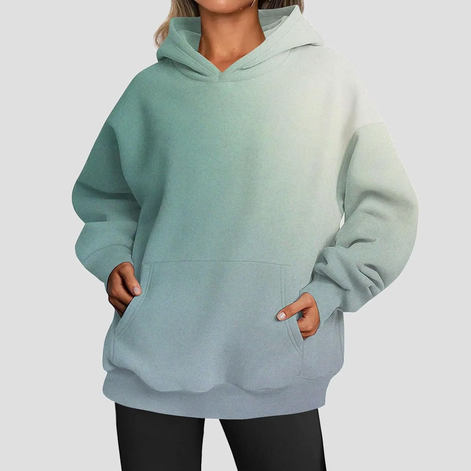 Womens Hoodies 2024 Casual Gradient Color Oversized Crew Neck Sweatshirts with Pocket Long Sleeve Fall Winter Tops