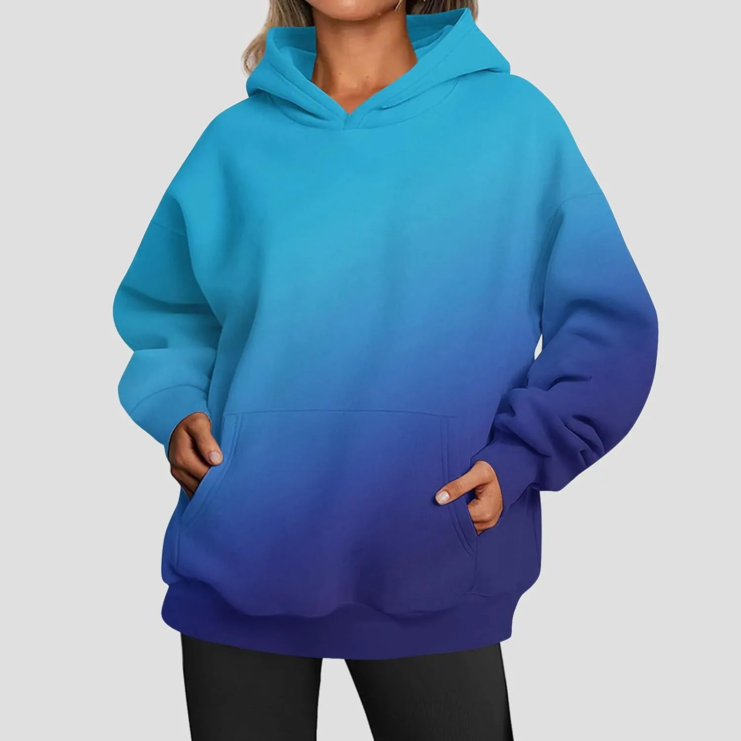 Womens Hoodies 2024 Casual Gradient Color Oversized Crew Neck Sweatshirts with Pocket Long Sleeve Fall Winter Tops