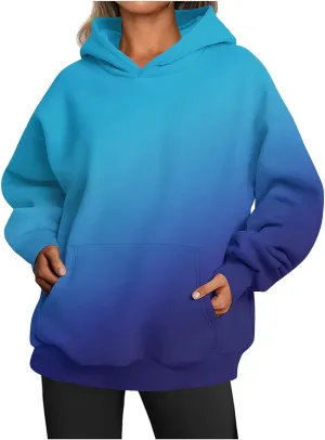 Womens Hoodies 2024 Casual Gradient Color Oversized Crew Neck Sweatshirts with Pocket Long Sleeve Fall Winter Tops