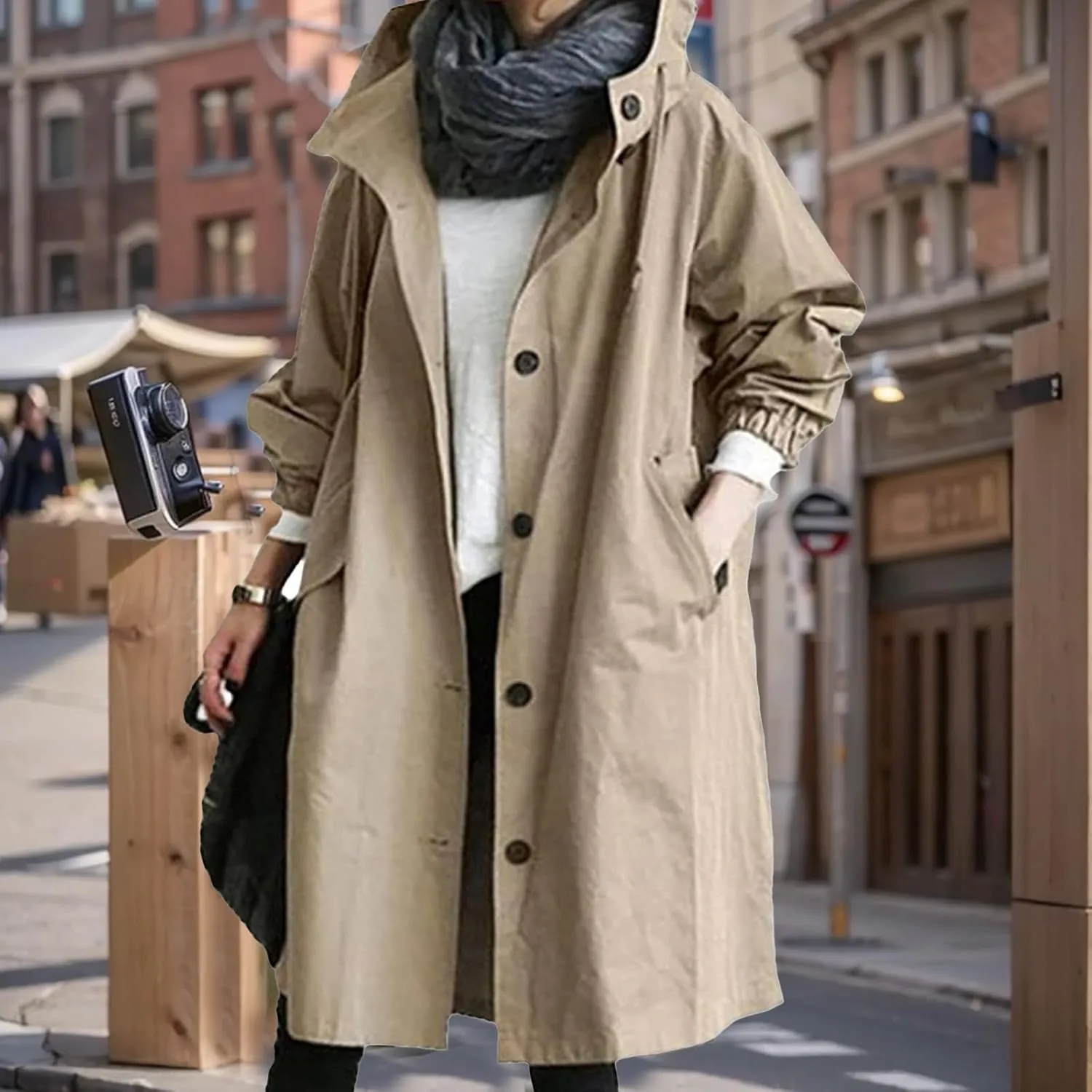 Womens Lightweight Hooded Jacket Oversized Button Down Coats Fall Winter Long Sleeve Trench Coat Peacoat