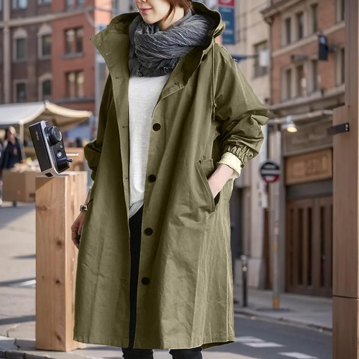 Womens Lightweight Hooded Jacket Oversized Button Down Coats Fall Winter Long Sleeve Trench Coat Peacoat