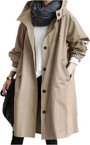 Womens Lightweight Hooded Jacket Oversized Button Down Coats Fall Winter Long Sleeve Trench Coat Peacoat