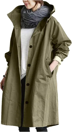 Womens Lightweight Hooded Jacket Oversized Button Down Coats Fall Winter Long Sleeve Trench Coat Peacoat