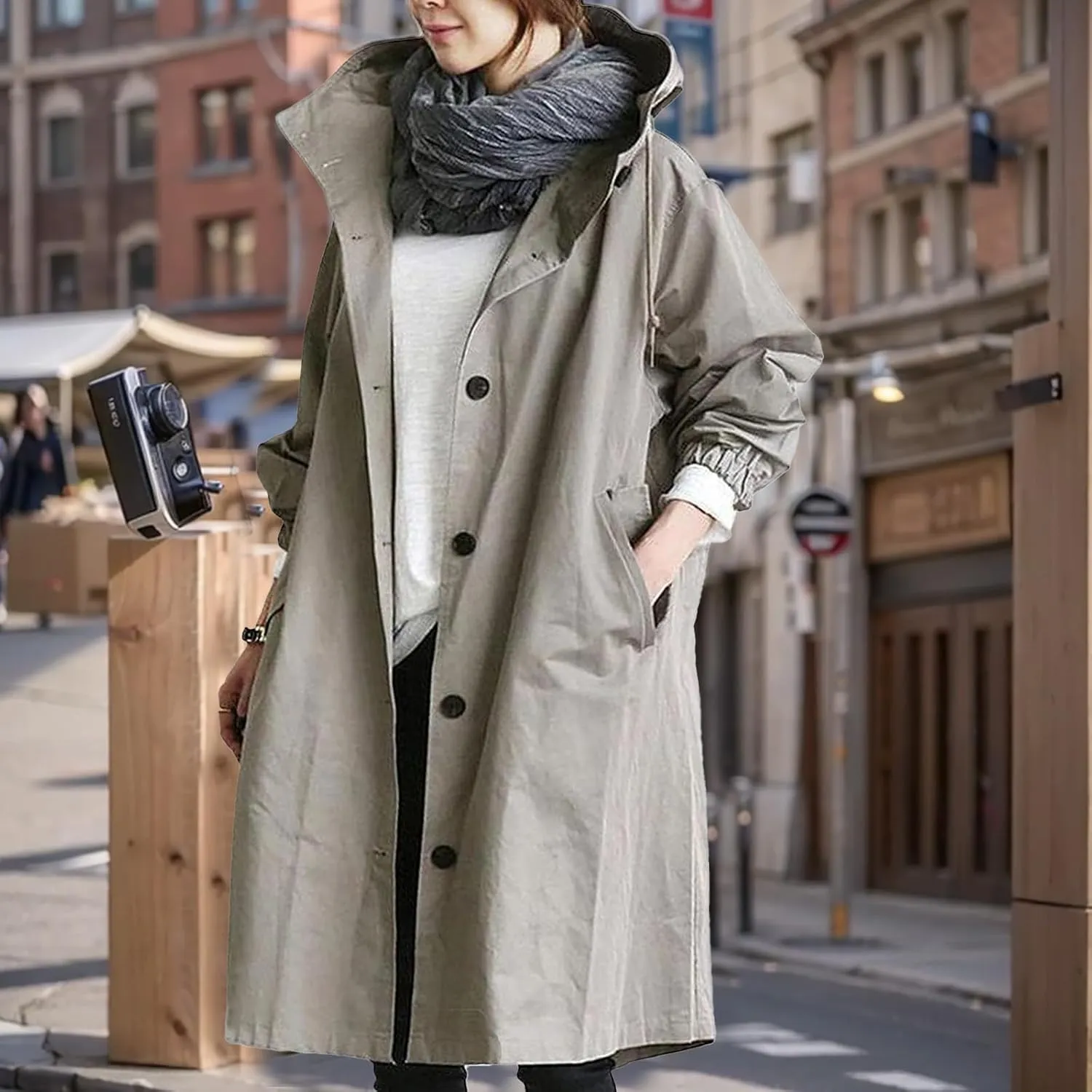Womens Lightweight Hooded Jacket Oversized Button Down Coats Fall Winter Long Sleeve Trench Coat Peacoat