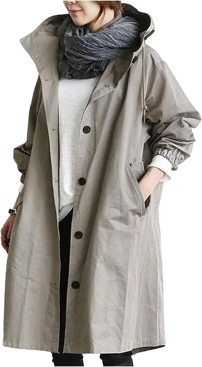 Womens Lightweight Hooded Jacket Oversized Button Down Coats Fall Winter Long Sleeve Trench Coat Peacoat