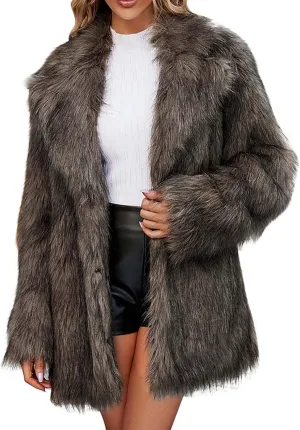 Women's Long Lapel Faux Fur Jacket Plush Shaggy Coat Elegant Warm Outerwear Cardigan Fall Winter Thicken Party Coats