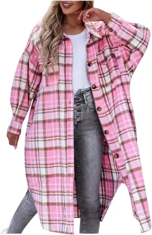 Womens Long Plaid Flannel Shacket Fall Fashion Button Down Long Sleeve Tartan Coat Lapel Open Front Trench Coats