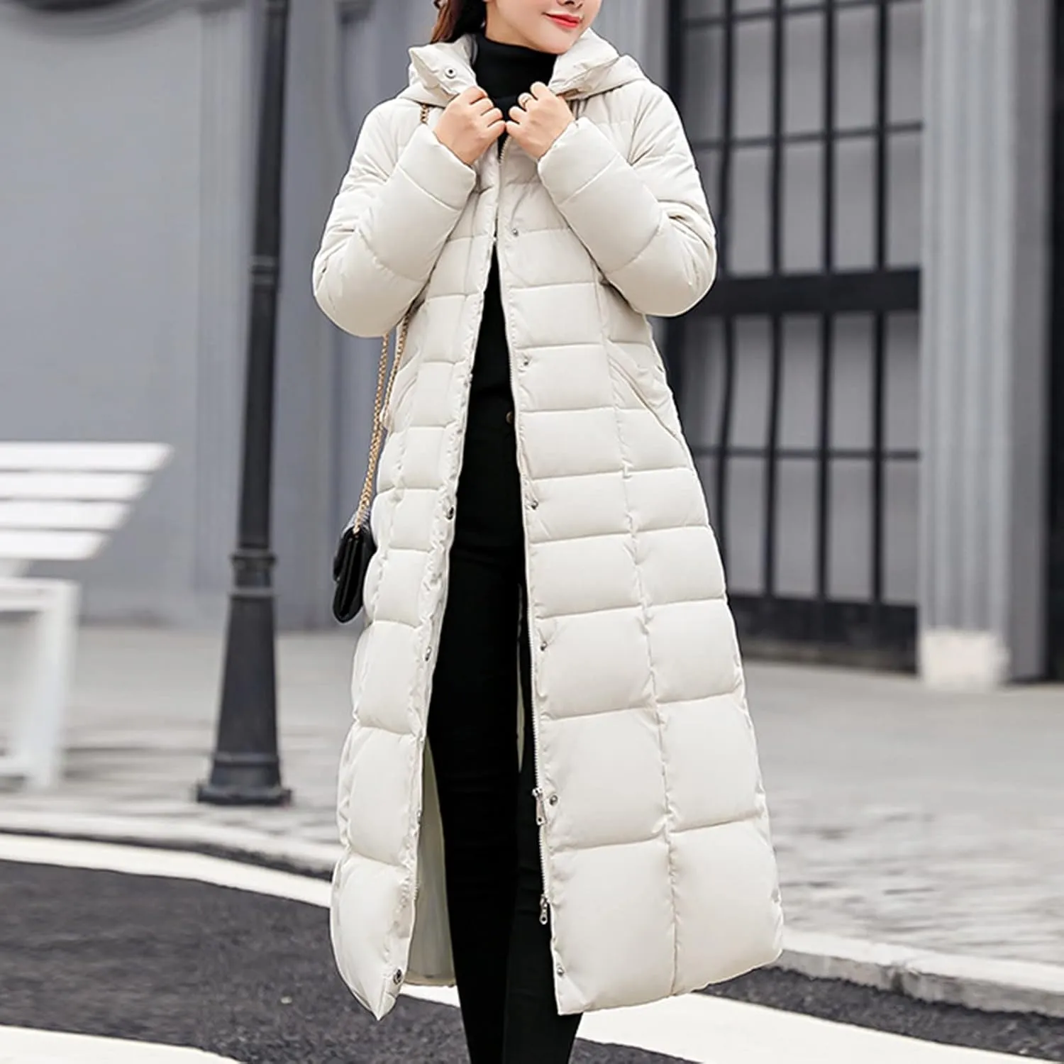 Womens Long Puffer Coat Packable Down Jacket Ultralight Parkas Jacket Maxi Zip Up Thicken Hooded Padded Coat