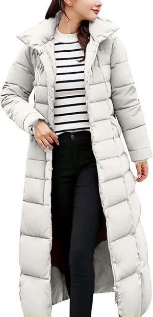 Womens Long Puffer Coat Packable Down Jacket Ultralight Parkas Jacket Maxi Zip Up Thicken Hooded Padded Coat